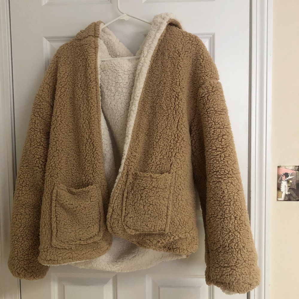 REVERSIBLE White/Tan Sherpa Jacket with Hood